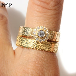14k gold diamond simulant bridal set, diamond like cubic zirconia halo engagement and wedding ring, art deco engraved floral bridal rings
