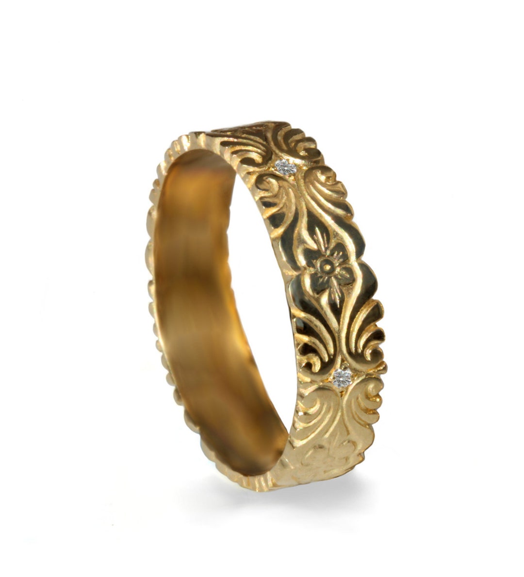 Flowers Diamond Wedding Ring, Engraved Art Deco Swirls Leaves 14k Gold