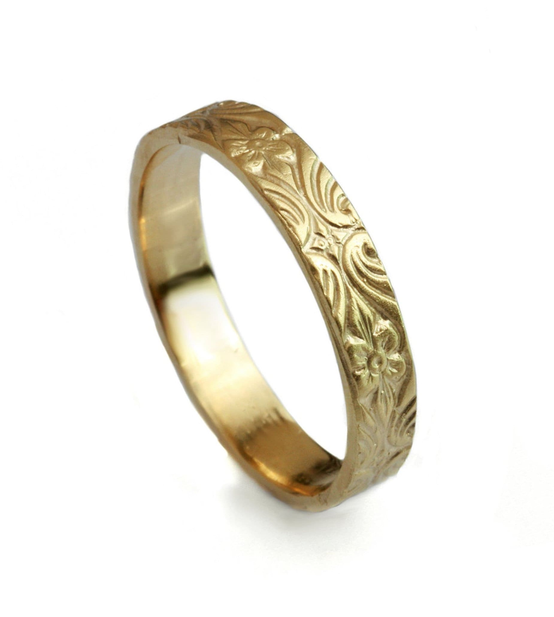 Bague Alliance Jonc En Or 18 Carats Jaune, Ciselée Décorations Fleuries - Taille 55 - Années 1960