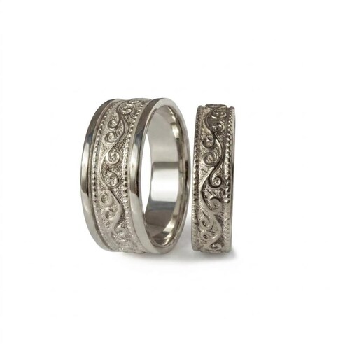 Wedding set matching his and hers rings engraved scrolls 14k gold ,art deco pattern milgrain wide men's band, thin women ring couple bands