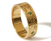 Art deco gold ring engraved pattern natural gemstones men wedding band, floral vintage style man ring 14k gold emeralds sapphires rubies