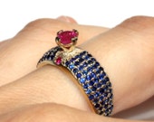Natural ruby and sapphires cocktail ring, rubies Right Hand anniversary statement Ring, Vintage style gemstones 14k gold birthstone ring