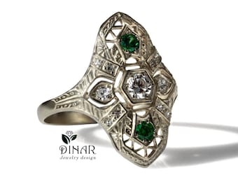 Antique Engagement Ring 14k gold Edwardian Filigree emeralds and moissanite ring,  green emerald antique engagement ring