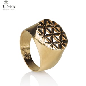 14k Gold flower of life signet ring, floral design, 14k gold handmade wide large flower womens ring, floral signet statement ring