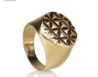 14k Gold flower of life signet ring, handmade wide large womens floral statement ring