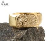 Personalized fingerprint 18k solid gold wedding band, unique wide gold band ring with engraved finger print , handmade jewelry gift for him