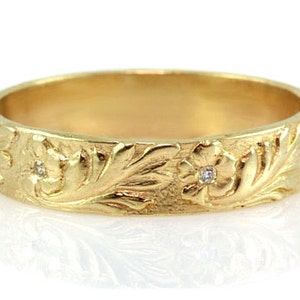 Flowers diamond wedding ring ,14k 18k gold floral genuine natural diamonds wedding band, hand engraved wedding ring anniversary gift for her