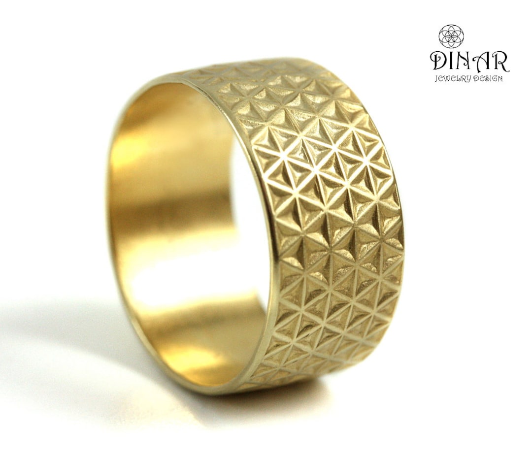 18k Solid Gold Stars Pattern Wedding Ring, Geometric Flower of Life ...