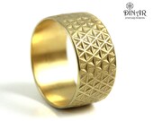 18k solid gold Stars pattern wedding ring, Geometric flower of life modern textured wide wedding band
