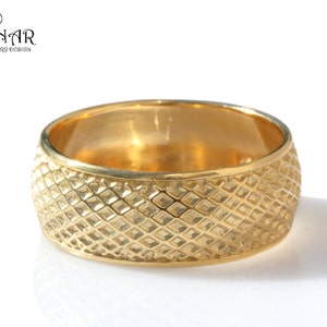 14k Gold Ehering, Goldring für Männer, geometrisches Muster, Ehering, breiter Goldring, handgefertigter Ring, recyceltes Gold, bequeme Passform