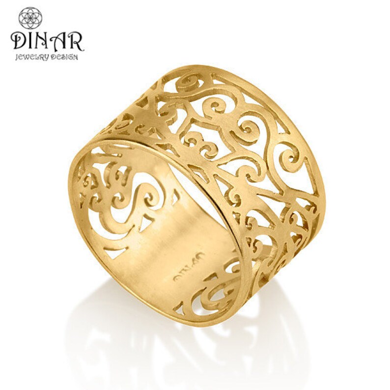 14k yellow gold wide filigree wedding ring band for women