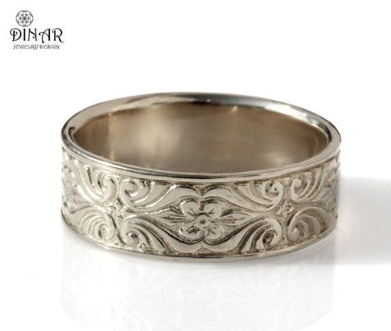 Silver mens wedding band, Engraved Floral Art deco pattern men's silver  wedding ring, Vintage style sterling silver scroll leaf ring for men