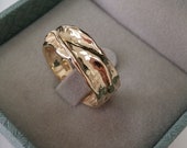 14k solid gold men ring, hand forged smooth texture men band, wide thick unusual wedding ring, folded gold rustic unique women wedding band