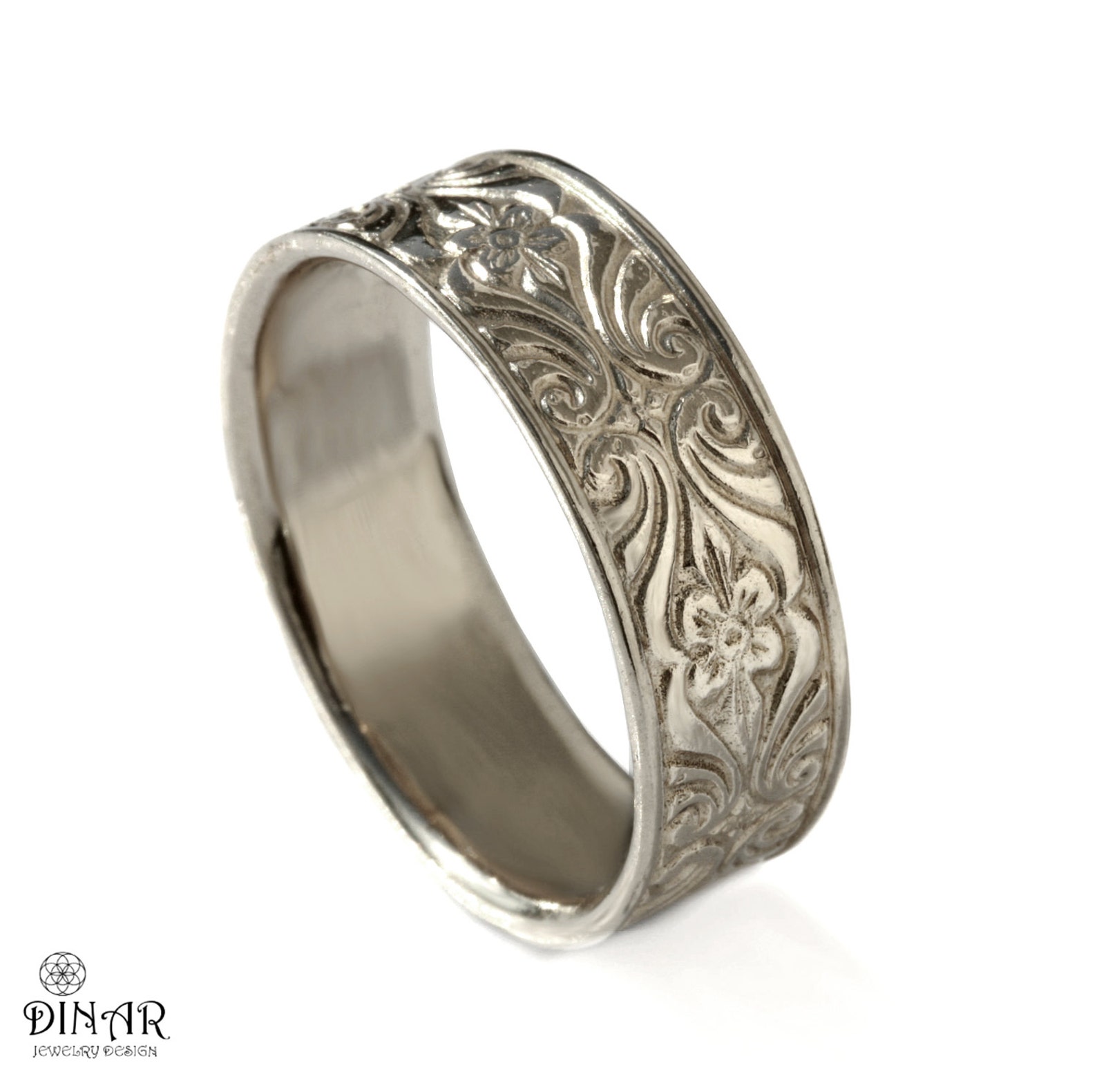 Silver Mens Wedding Band, Engraved Floral Art Deco Pattern Men's Silver