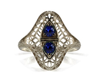 Antique Sapphire Engagement Ring 14k , 18k white gold Edwardian Filigree natural blue sapphire ring, antique engagement ring, fancy ring