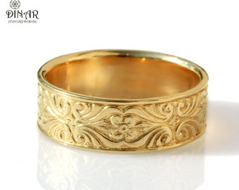 18k engraved art deco man ring vintage style wedding band floral pattern, thick wide gold band , men's wedding band