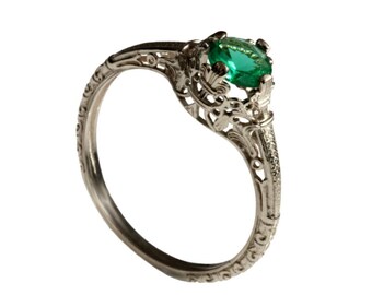 Solitaire Emerald Engagement ring , vintage filigree engagement emerald ring, promise ring , Natural half carat Emerald May birthstone ring