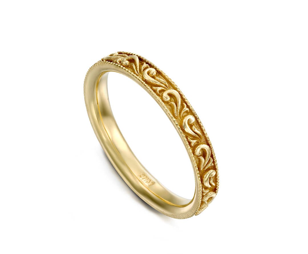 Women Dainty Gold Wedding Ring Engraved Scrolls Leafs 14k - Etsy