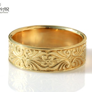 Set di fedi nuziali abbinate in oro giallo massiccio 9 carati con incisione Art Déco, anelli abbinati per lui e per lei, fasce in oro 9 carati con motivi floreali incisi vintage immagine 5