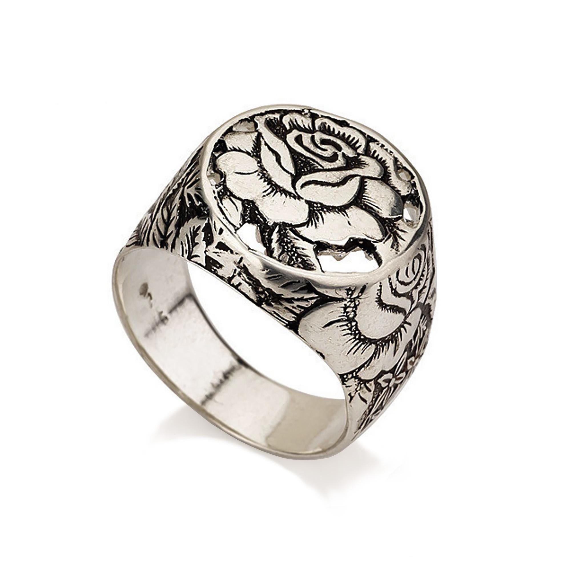 Rose Flower Silver Signet Ring, Sterling Silver Victorian Ring
