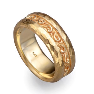 Hammered gold ring, Thick wide rustic ring, heavy gold wedding band , hammer texture handmade band 14k solid gold , hammered rustic ring