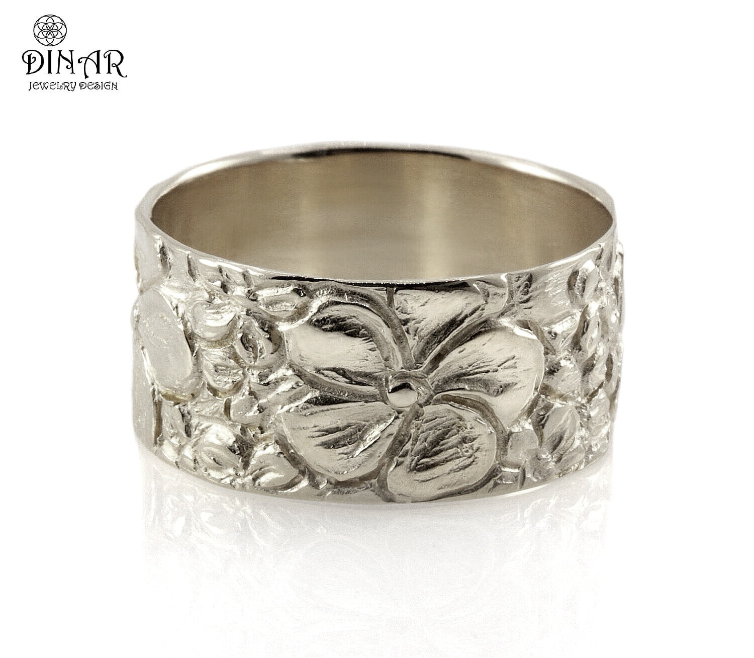 Silver Floral Wedding Band wide Flower Ring Engraved Flower - Etsy