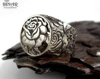 Rose Flower Silver Signet Ring, Sterling Silver Victorian