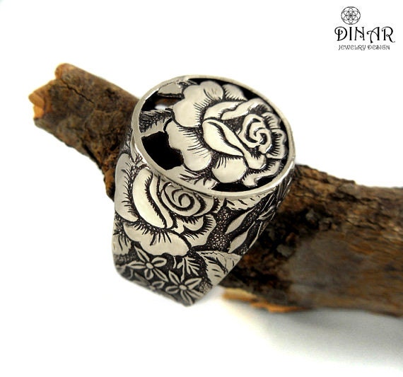 Rose Flower Silver Signet Ring, Sterling Silver Victorian Ring