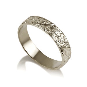 Sterling silver flower Wedding Band ring, handmade engraved flowers wedding ring ,women's silver band ,silver wedding band, textured ring