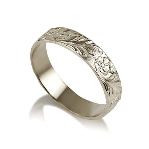 Sterling silver flowers Wedding ring, handmade engraved flowers and leaves silver ring ,floral women&#39;s silver ring band