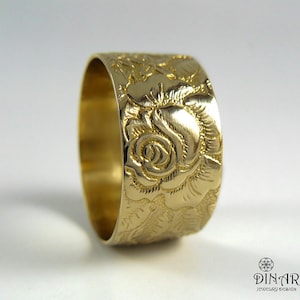 Victorian Rose flower women wedding ring band 14k gold ,wide Vintage floral gold wedding band, Engraved leaves flowers thick wedding ring