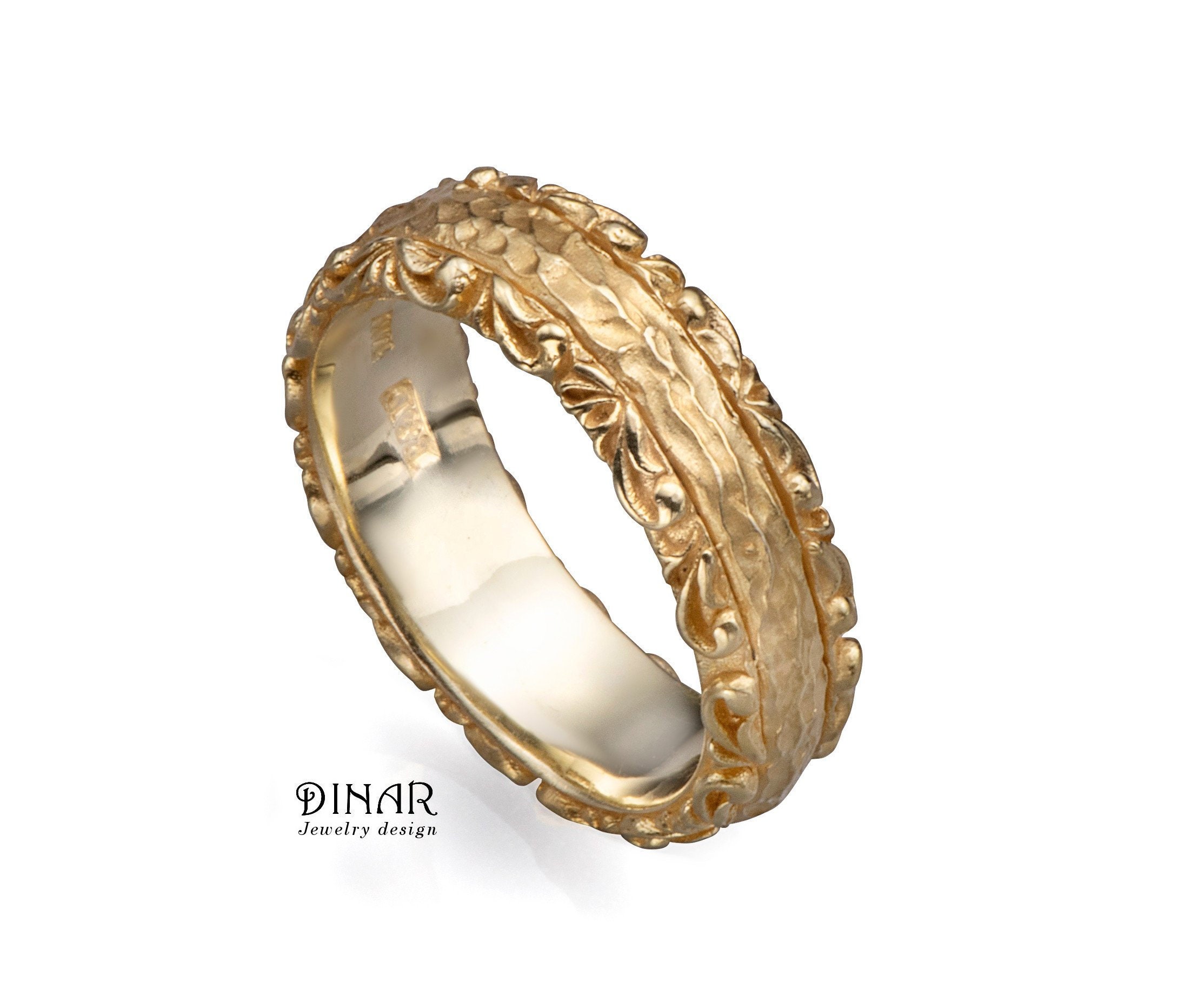 14k Women Gold Wedding Ring Antique Style Hammered Texture | Etsy