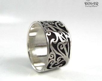 Filigree Sterling silver goth lace ring, black silver Gothic filigree Ring , oxidaized lace filigree silver band ring nature inspired