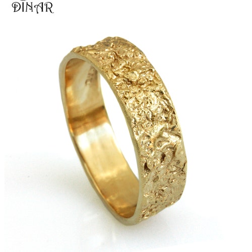 Rustic Gold Men Wedding Ring Band Organic Raw Textured Tree | Etsy