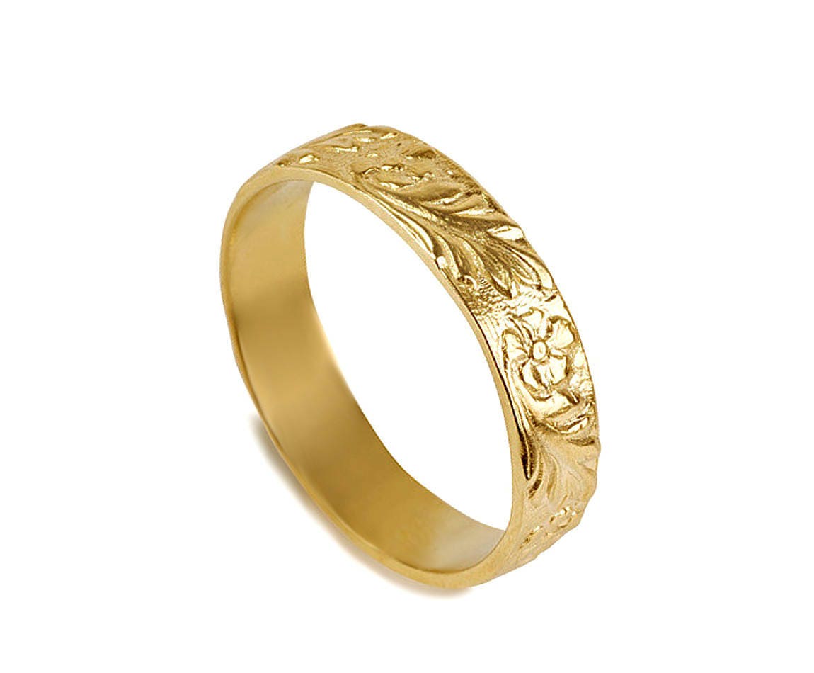 18k Gold Flower Wedding Band Ring Handmade Engraved Wedding Ring Artisan Women Wedding Ring Flowers Engraving Wedding Band Texture Ring Etsy Canada