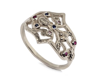 Anillo de Hamsa con diseño de ojo malvado, plata de ley chapada en oro, palma de la mano, anillo de Hamsa judío.