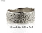 Flower of life textured 14k solid gold wide wedding ring for men , rustic floral gold women's band antique shiny texture