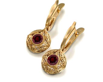 Victorian garnet floral drop earrings, antique red garnet earrings, vintage flowers earrings 14k 18k solid gold , filigree gold earrings