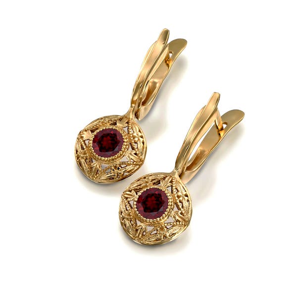 Victorian garnet floral drop gold earrings antique red garnet vintage filigree flowers 14k 18k solid gold