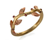 Mixed gold leaves gemstones ring, two tones rose and yellow 14k gold dainty leaf wedding ring, natural ruby emerald sapphire garnet amethyst