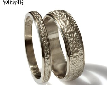 Juego de anillos de boda martillados, juego de anillos de boda de oro macizo de 14 k, anillo de boda rústico martillado para hombre, anillo de boda para mujer, bandas a juego con textura de oro