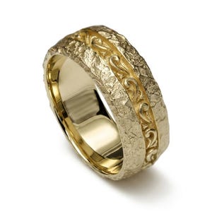 Rustic hammered wide wedding ring band scrolls 9k solid yellow gold rough rock textured thick band scrolling leaves engravings