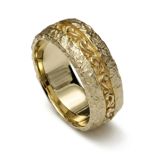 Rustic hammered wide wedding ring band scrolls 9k solid yellow gold rough rock textured thick band scrolling leaves engravings