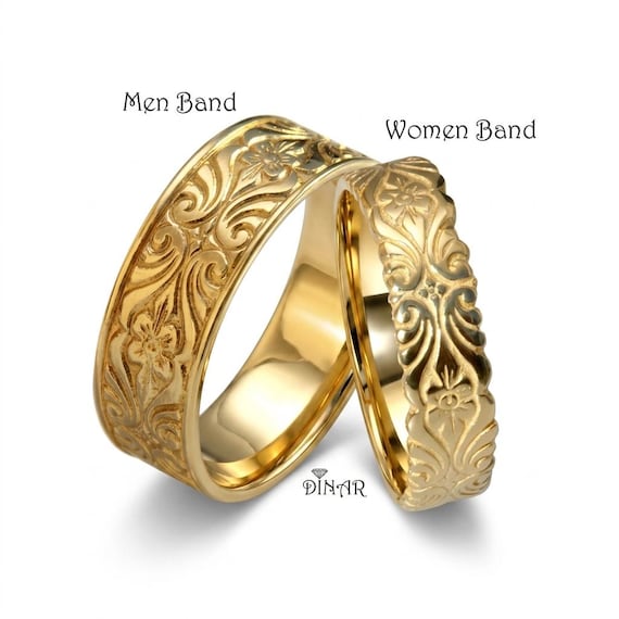 Engraved Art deco 9k solid yellow Gold Wedding rings matching Set, his and hers matching rings, vintage engraved floral 9 karat gold bands