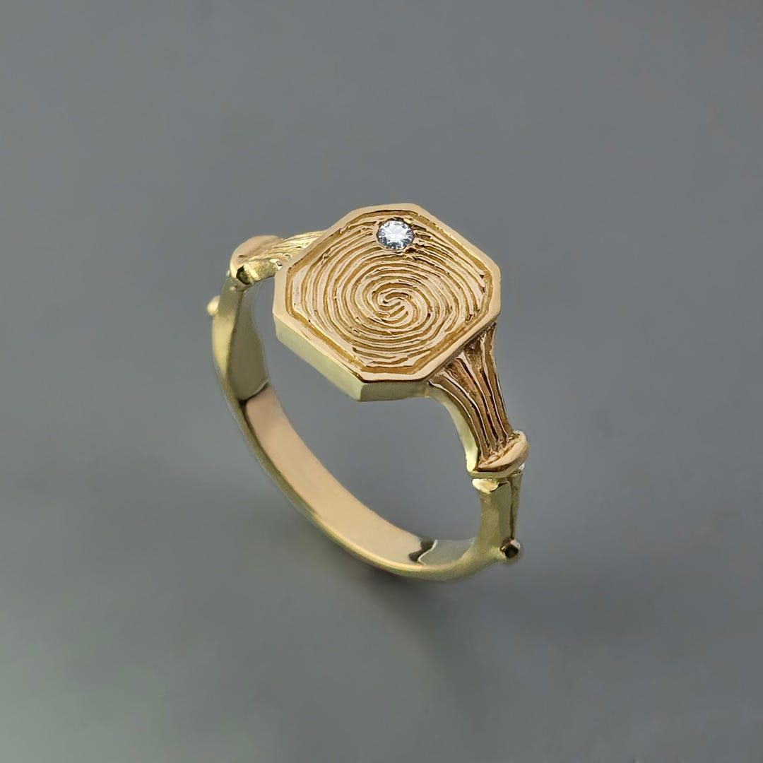 Signet Print Finger Print Signet Ring 14k Solid Gold, Personal Engraved Finger Print ...