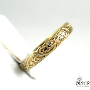 Vintage engraved scroll ring, swirl pattern thin Wedding ring , hand engraved leaves scroll gold stacking  women ring 9k 14k 18k Solid gold