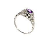 Filigree amethyst Edwardian style solitaire Engagement ring, antique lace 14k gold engagement promise ring, natural purple amethyst gemstone