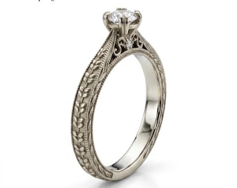 Solitär Diamant filigrane Blätter Verlobungsring, einzigartiger gravierter Weißgold natürlicher Diamantring, Vintage Diamantverlobungsring