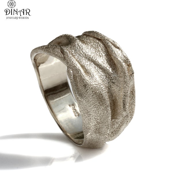 Wide Silver boho wedding ring band, handmade Organic texture sand blast finish silver ring, alternative women band, modern unusual ring