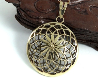 14K flower of life large mandala gold pendant ,mandala round floral pendant necklace 14k solid gold handmade spiritual jewelry
